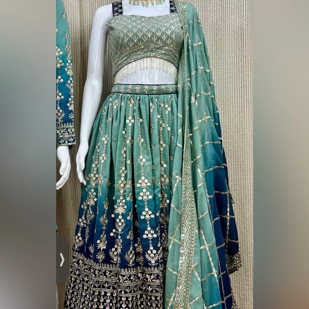 Matching Georgette Lehenga Choli Set with Kurta: Indian Wedding Outfit - Picture 1 of 2